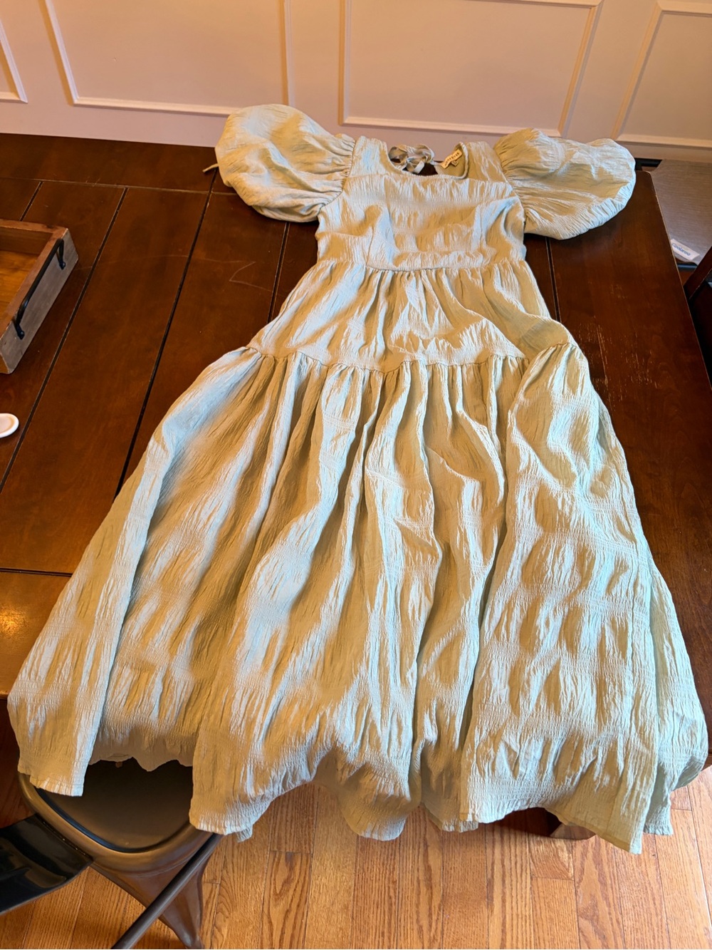 Moon River Puff-Sleeve Tiered Dress in Light Sage